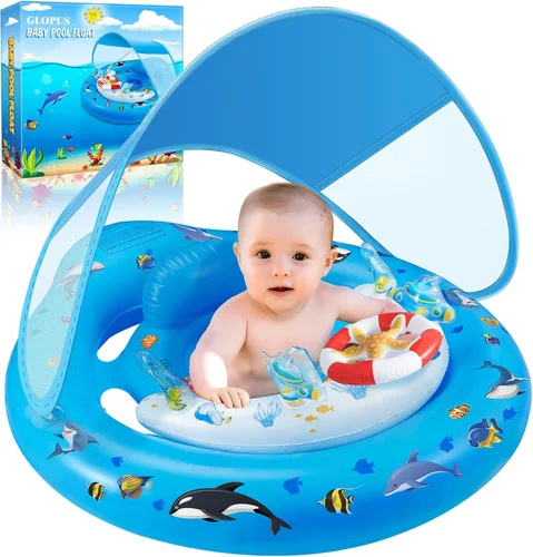 Flotador de piscina para bebé con dosel de protección solar UPF50+, flotadores inflables para piscina de niños con consola de juego para bebé de 6 a