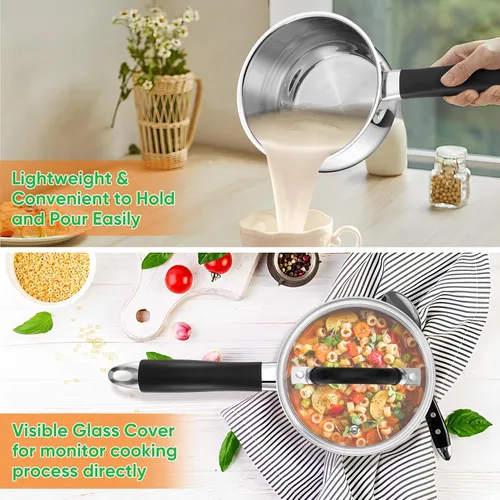Miniatura 4 de P&P CHEF - Cacerola de acero inoxidable de 1 cuarto de galón con tapa, pequeña olla de leche para cocina multiusos, tapa de vidrio visible y asa