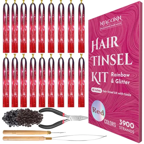 Miniatura 11 de NIACONN Kit de extensiones de oropel con purpurina de 18 colores con herramientas y cuentas, 48 pulgadas, mechones de tracción brillantes de hadas