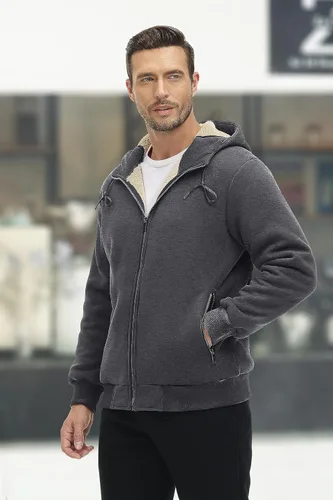 Miniatura 6 de MAGCOMSEN Chaqueta Sherpa con capucha de forro polar para hombre, con cremallera completa, cálida, mullida, resistente al viento, abrigos