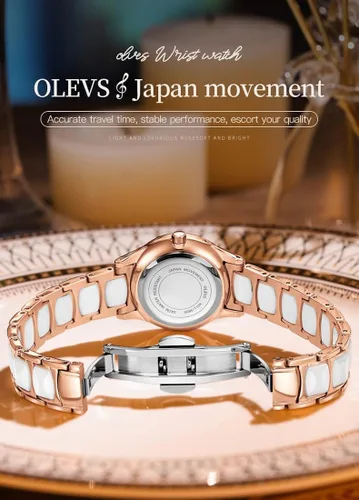 Miniatura 5 de OLEVS Relojes para mujer oro rosa de dos tonos de moda de cerámica blanco esfera rosa roja acero inoxidable fecha impermeable