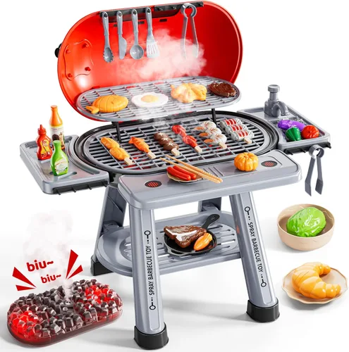 NIPLOOOW Juego de juguetes de cocina para niños, parrilla de barbacoa para niños, juego de cocina con humo, sonido y luz, barbacoa de 2 capas para