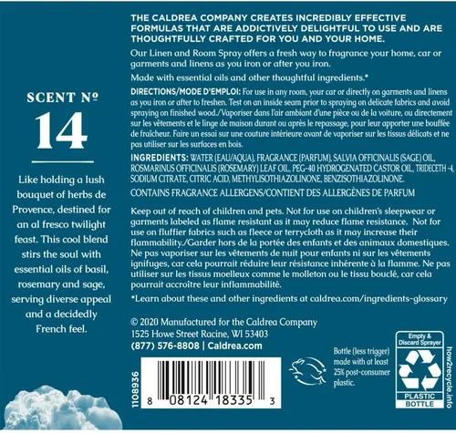 Miniatura 2 de Caldrea Ambientador de aire de rociado de lino y salón, hecho con aceites esenciales, ingredientes derivados de plantas y otros pensativos elegidos