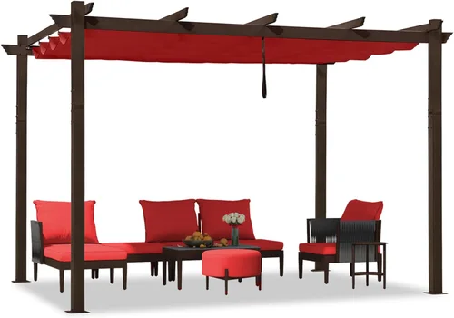 Miniatura 37 de PURPLE LEAF Pérgola Retráctil de 10' x 13' para Exteriores de Aluminio Blanco con Toldo de Sombra para Patio Refugio Moderno Marrón para Jardín
