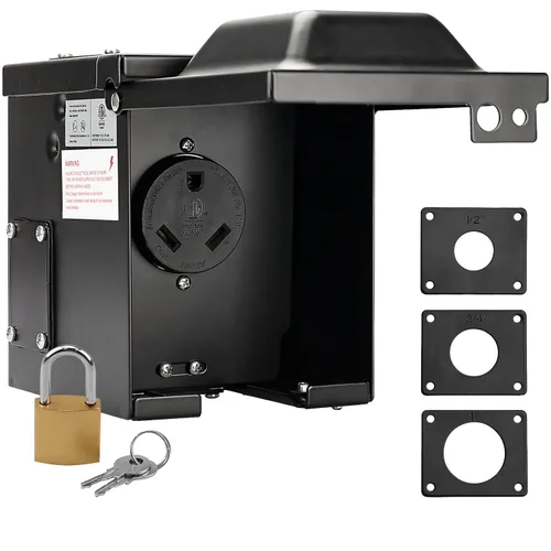 RVMATE Caja de toma de corriente RV de 30 amperios 125/250V, panel de alimentación cerrado con cerradura impermeable, receptáculo NEMA TT-30R, Negro