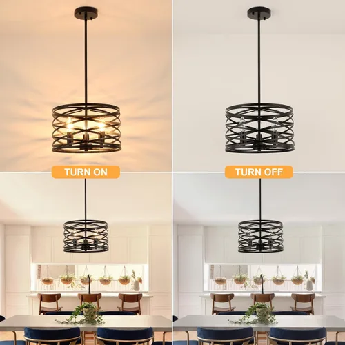 Miniatura 6 de Candelabros de granja para comedor, iluminación colgante de 3 luces para isla de cocina, tambor negro, lámpara rústica para colgar en el techo