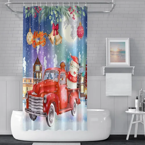 Miniatura 7 de Yeele Cortina de ducha de Feliz Navidad, diseño de rejilla blanca y negra, para invierno, árbol de Navidad, gnomo, juego de cortinas de ducha 2
