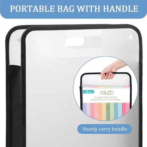 Miniatura 6 de Caydo Organizador de papel para álbum de recortes, paquete de 3 folios de papel expandible negro con asa, almacenamiento de papel portátil