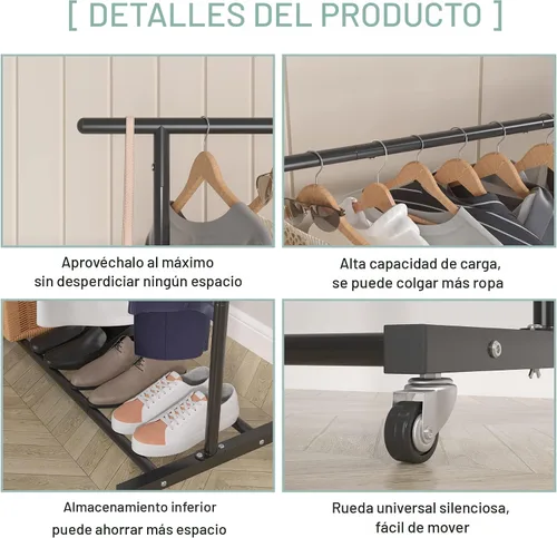 Miniatura 6 de Sywhitta Perchero de Ropa de Doble Barra Rodante, Organizador de Ropa con Ruedas para Colgar Ropa, Fácil de Ensamblar, Ajustable, Negro
