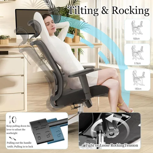 Miniatura 5 de Silla de oficina de malla, ergonómica con soporte lumbar, color negro, estilo moderno, respaldo de malla, bloqueo de inclinación de 90-135