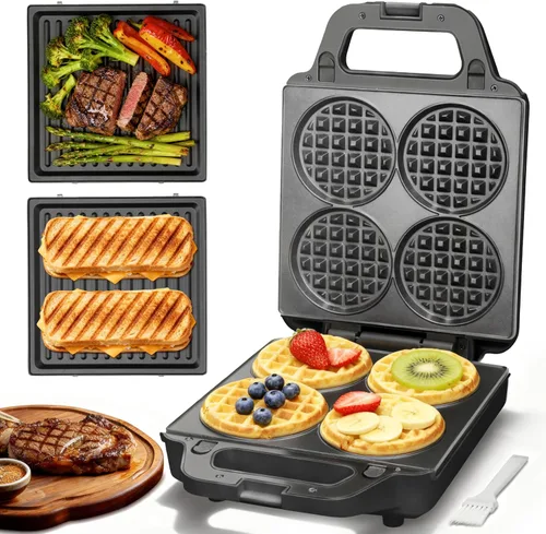 SugarWhisk Mini Waflera 2 en 1 con Placas Extraíbles, Prensa Panini para Sándwiches, Prensa para Sándwiches, Waflera Eléctrica, Sandwichera