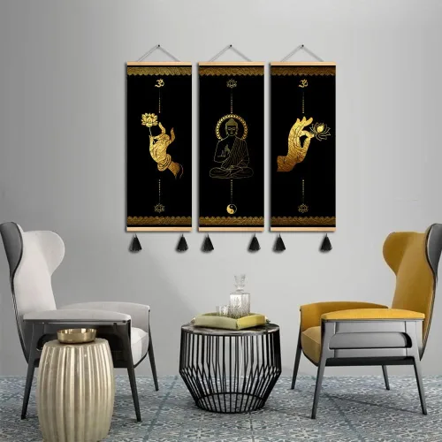 Miniatura 4 de MBOUFOEY 3 piezas de budismo Zen Art Buddha gestos de mano en lienzo dorado y negro lienzo para pared, póster de madera con marco de desplazamiento