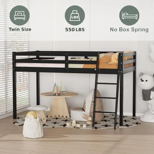 Miniatura 5 de VINGLI - Cama tipo loft baja de 47'' para junior con escaleras, cama de madera tamaño individual para adultos, niños y adolescentes jóvenes, sin