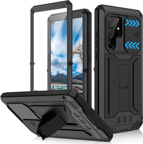 Funda de metal compatible con Samsung Galaxy S22, resistente al polvo, de grado militar, con cubierta deslizante para cámara y soporte plegable