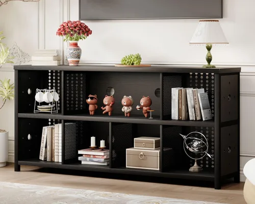 LVB Estantería Horizontal Negra, Organizador de Almacenamiento Moderno en Cubos Estantería, Estante Industrial Ancho Largo de Madera Metal para