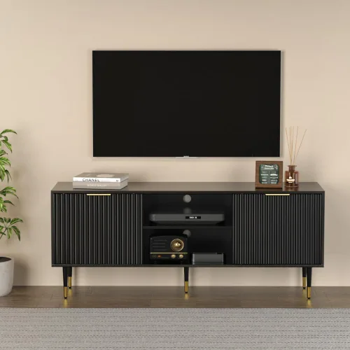 Miniatura 3 de Soporte de TV acanalado de 58 pulgadas, consola de TV moderna de mediados de siglo para TV de 65/70/75 pulgadas, centro de entretenimiento de madera
