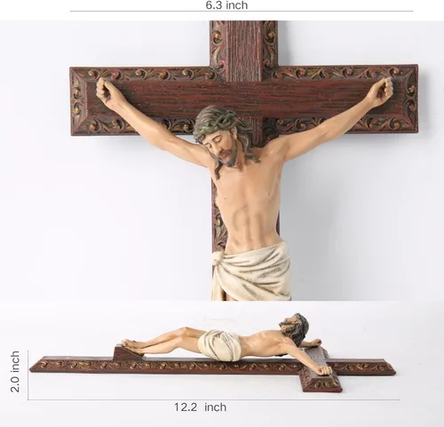 Miniatura 6 de Crucifijo católico BC de pared, cruz de Jesucristo, regalo religioso devoto, aspecto tallado en madera, 12 pulgadas de alto, pintado a mano por