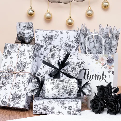 Miniatura 3 de Larcenciel Papel de seda negro, papel de seda floral vintage para bolsas de regalo, cajas, envoltura, manualidades, suministros de embalaje de arte