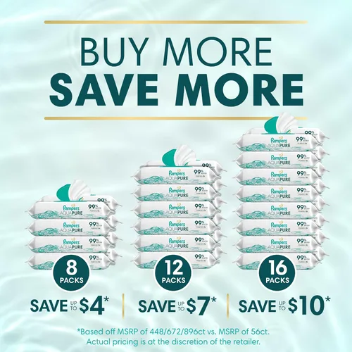 Miniatura 14 de Pampers Aqua Pure Toallitas para bebé, 99% agua, sin fragancia, 896 toallitas para bebé en total (16 paquetes con tapa abatible)