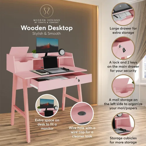 Miniatura 6 de Crafts and Comfort - Escritorio Pequeño Roma de Diseño Moderno para Dormitorio, Escritorio de Escritura Rosa de 40 Pulgadas con Estante Superior