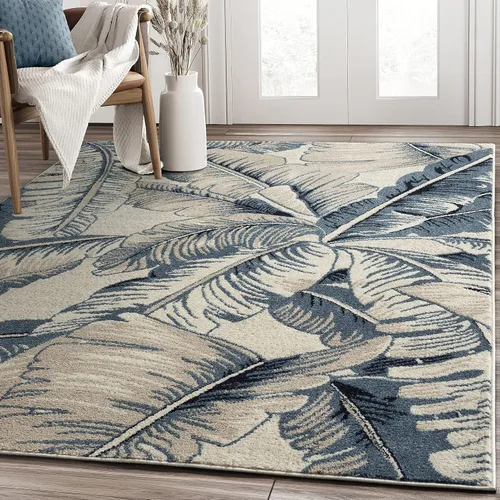 Abani Tropical Design - Alfombra contemporánea con estampado de hojas azules y beige, 5 pies 3 pulgadas x 7 pies 6 pulgadas (5 x 8), no se