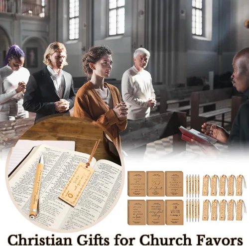 Miniatura 6 de Fuutreo 90 unidades de regalos cristianos a granel con 30 versículos bíblicos, 30 bolígrafos de bambú y marcadores religiosos, bloc de notas