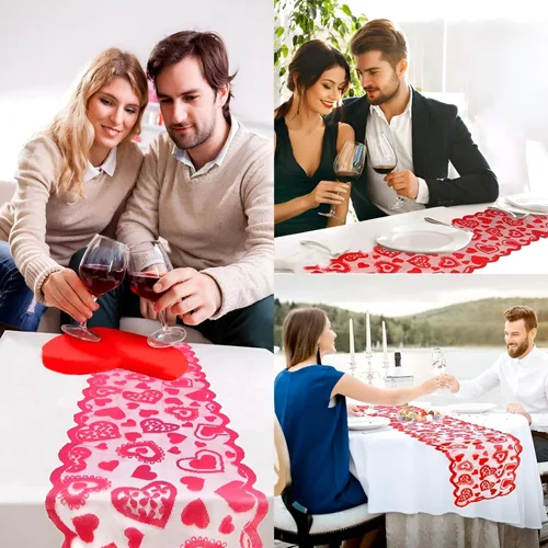 Miniatura 5 de JOYFISCO Camino de mesa para decoración del día de San Valentín, camino de mesa de encaje con corazón rojo para bodas, decoraciones de San Valentín