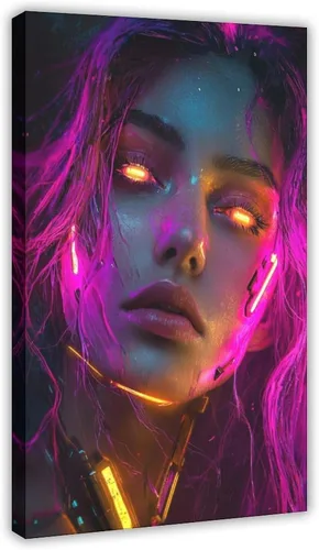 XAHOR Neon Cyberpunk Woman Wall Art – Vibrant Retro Futuristic Digital Portrait Poster Canvas Wall Art Print Poster For Home School Office Decor