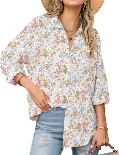 Miniatura 16 de Zeagoo - Blusas de lino con botones para mujer, de gasa, algodón, manga larga, blusas informales con cuello, corte holgado