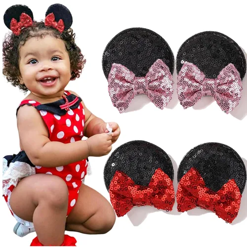 Ayesha Pinzas de pelo con orejas de ratón para niñas pequeñas, con lentejuelas y lazos, accesorios de pelo para disfraz de Halloween, Navidad,