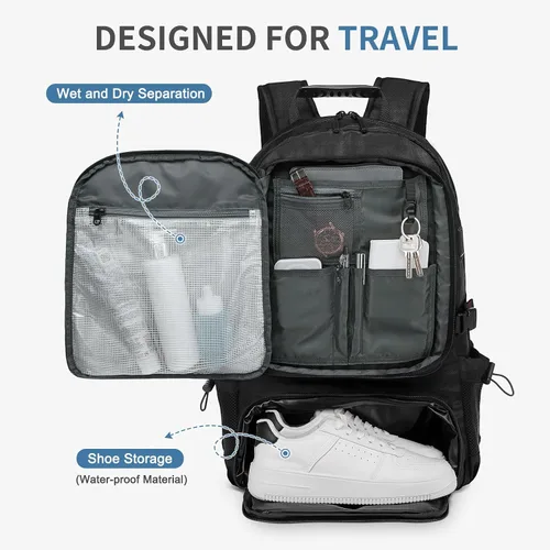 Miniatura 4 de Mochila de viaje de 45 litros aprobada por la TSA con compartimento para zapatos y separación en seco y húmedo, bolsa para laptop de 18.4 pulgadas