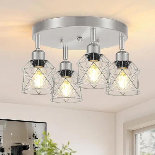 Miniatura 10 de Baocuz Lámpara de techo semiempotrada de níquel cepillado de 3 luces, luminarias de cocina ajustables montaje al techo base E26, luces de techo