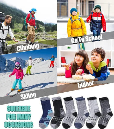 Miniatura 6 de LINEMIN Calcetines de senderismo de lana merino para niños y niñas, cálidos, gruesos, térmicos, acolchados, para invierno, 6 pares