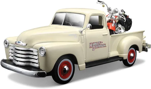 Maisto Harley-Davidson 2001 FLSTS Heritage Springer y 1950 Chevy 3100 Vehículo fundido a troquel (escala 1:24)