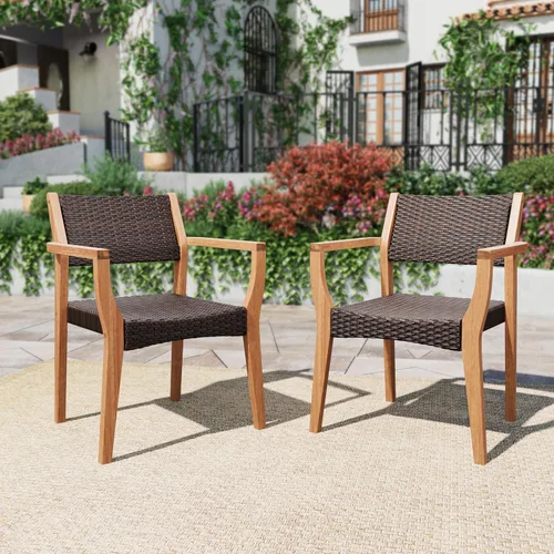 PHI VILLA Juego de 2 sillas de madera de acacia para exteriores, sillones de comedor resistentes con respaldo y asiento de mimbre, muebles de