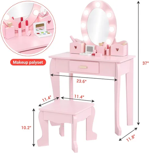 Miniatura 6 de GarveeHome Juego de tocador para niños con espejo iluminado, mesa de tocador y silla para niños, juego de maquillaje para niñas, rosa
