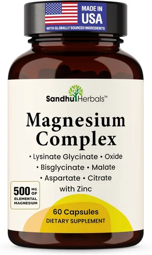 Complejo completo de magnesio de 500 mg para mujeres y hombres | 60 cápsulas | Suplemento Mag 6 en 1 con zinc | Calidad del sueño y salud muscular |