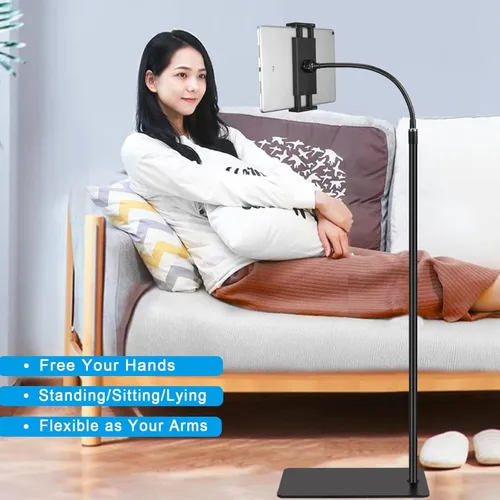 Miniatura 2 de Soporte de suelo para tableta con base de doble peso, soporte de metal giratorio de 360 grados con soporte flexible de cuello de cisne de brazo