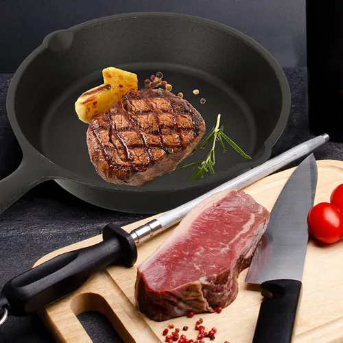 Miniatura 3 de Sartén antiadherente de hierro fundido grueso con mango y tabla de madera, sartén de cocina para el hogar para huevos, panqueques, pizza y carne