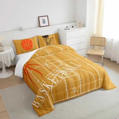 Miniatura 3 de Erosebridal Juego de ropa de cama de baloncesto tamaño individual para niños, juego de edredón deportivo para cancha de baloncesto, edredón marrón