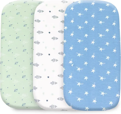 Organic Cotton Bassinet Sheets, 3-Pack Fitted Bassinet Mattress Sheets for Baby Boys & Girls Compatible with Halo BassiNest, Graco, Baby Delight &