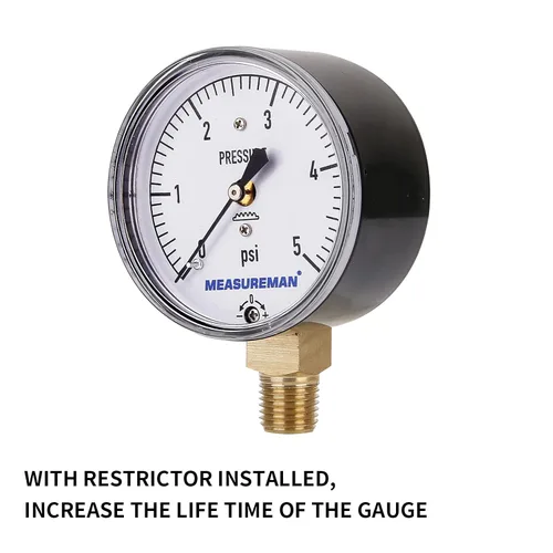Miniatura 9 de MEASUREMAN Medidor de Presión de Tipo Diafragma en Cápsula de Baja Presión, Esfera de 2-1/2", Montaje Inferior de 1/4" NPT, Ajustable, 0-5 Psi