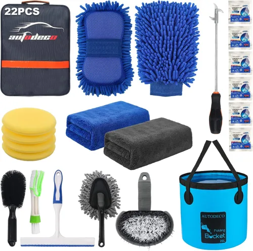 Juego de herramientas de limpieza para lavado de autos, 22 piezas, juego de detalles para autos con bolsa de lona azul, cubo plegable, manopla de