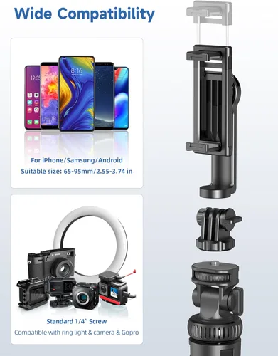 Miniatura 5 de Trípode de teléfono de 75 pulgadas, palo selfie con control remoto y soporte para teléfono, trípode extensible para iPhone, trípode de aluminio