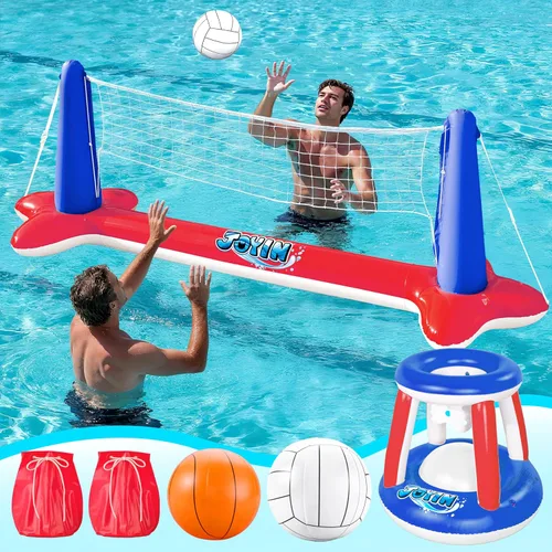 JOYIN - Juego de flotadores inflables para piscina con red de voleibol y aros de baloncesto, pelotas incluidas para niños y adultos, juguete de Rojo