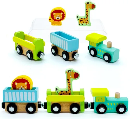 Miniatura 4 de Juego de trenes de madera con grúa, juguetes de tren magnético para pistas de tren de madera, conjuntos de trenes para niños de 3 años en adelante