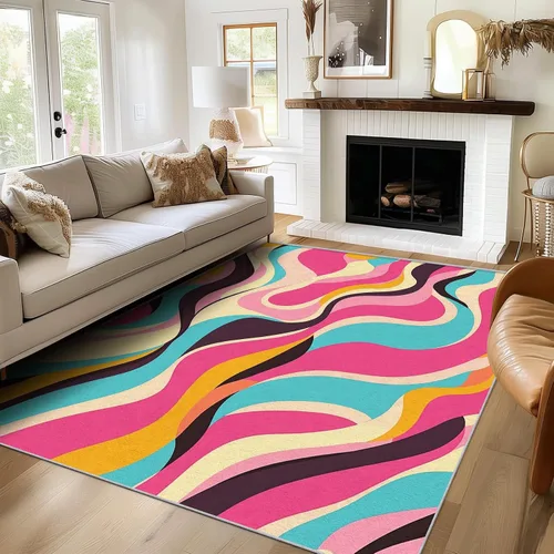 Miniatura 4 de Alfombra abstracta colorida de 2 x 3 pulgadas, lavable con rayas onduladas para entrada, dormitorio, cocina, alfombra retro de los años 70