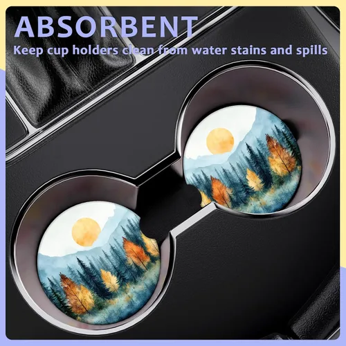 Miniatura 6 de Paquete de 2 posavasos para automóvil, posavasos abstractos de cerámica absorbente de bosque de montaña, posavasos para portavasos de automóvil
