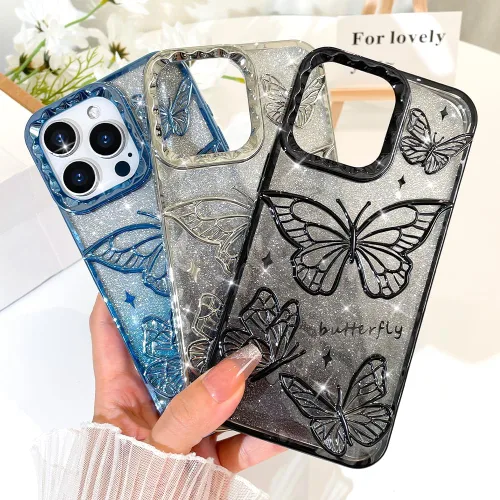 Miniatura 4 de BITOBE Diseñada para iPhone 15 Pro Max, bonita funda de mariposa 3D chapada en purpurina delgada para mujeres y niñas, protección de cámara, Negro