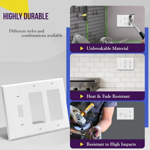 Miniatura 4 de ENERLITES - Placa de pared combinada para interruptor de palanca simple/interruptor de palanca doble decorativo, tamaño estándar 3 bandas